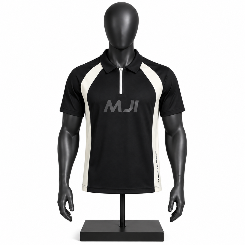 Men's Quarter Zip Polo Shirt in black and cream with custom branding