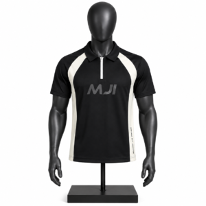 Men's Quarter Zip Polo Shirt in black and cream with custom branding