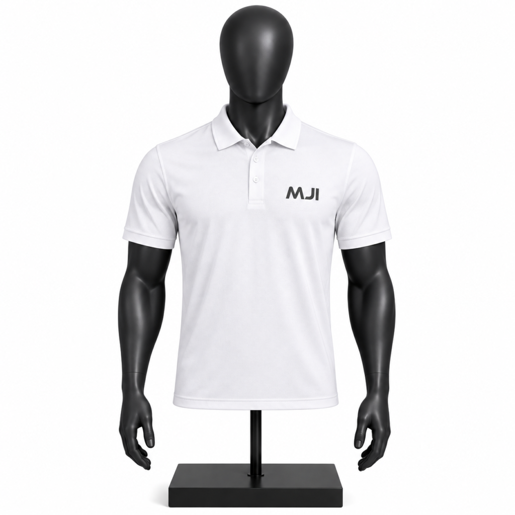 Men's White Polo Shirt with classic collar and custom MJI branding