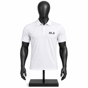 Men's White Polo Shirt with classic collar and custom MJI branding