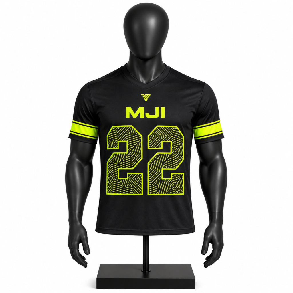 Custom black football jersey with fluorescent yellow green team design