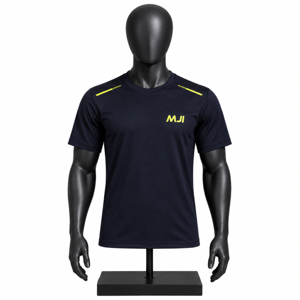 Men's Navy Sports T-Shirt with neon yellow shoulder detailing and MJI branding
