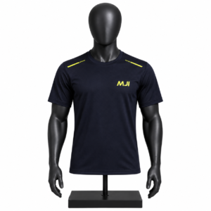 Men's Navy Sports T-Shirt with neon yellow shoulder detailing and MJI branding