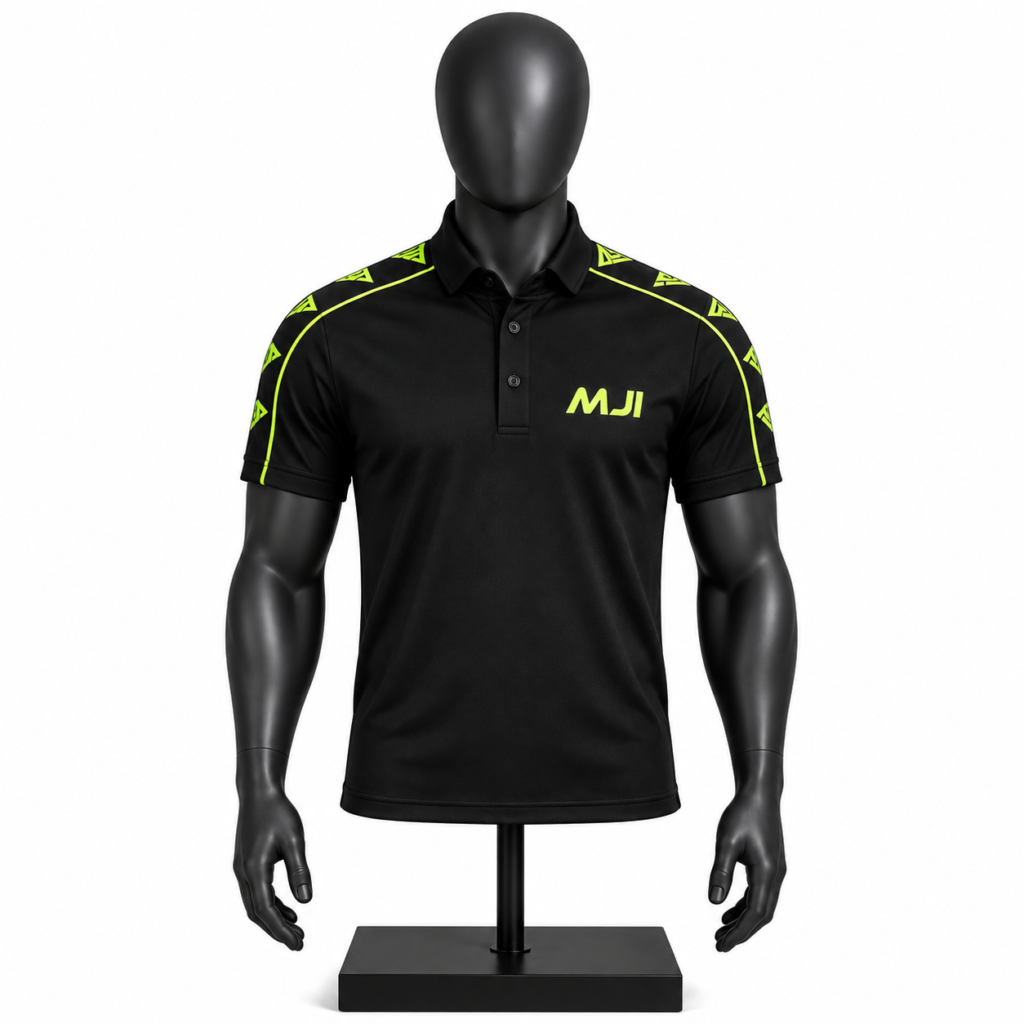 Men's polo shirt in black and fluorescent green with custom branding