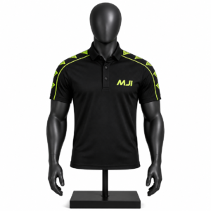 Men's polo shirt in black and fluorescent green with custom branding