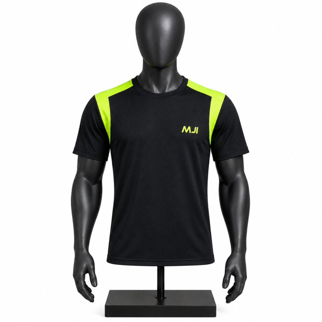 Men's Black Sports T-Shirt with neon green shoulder panels and MJI branding