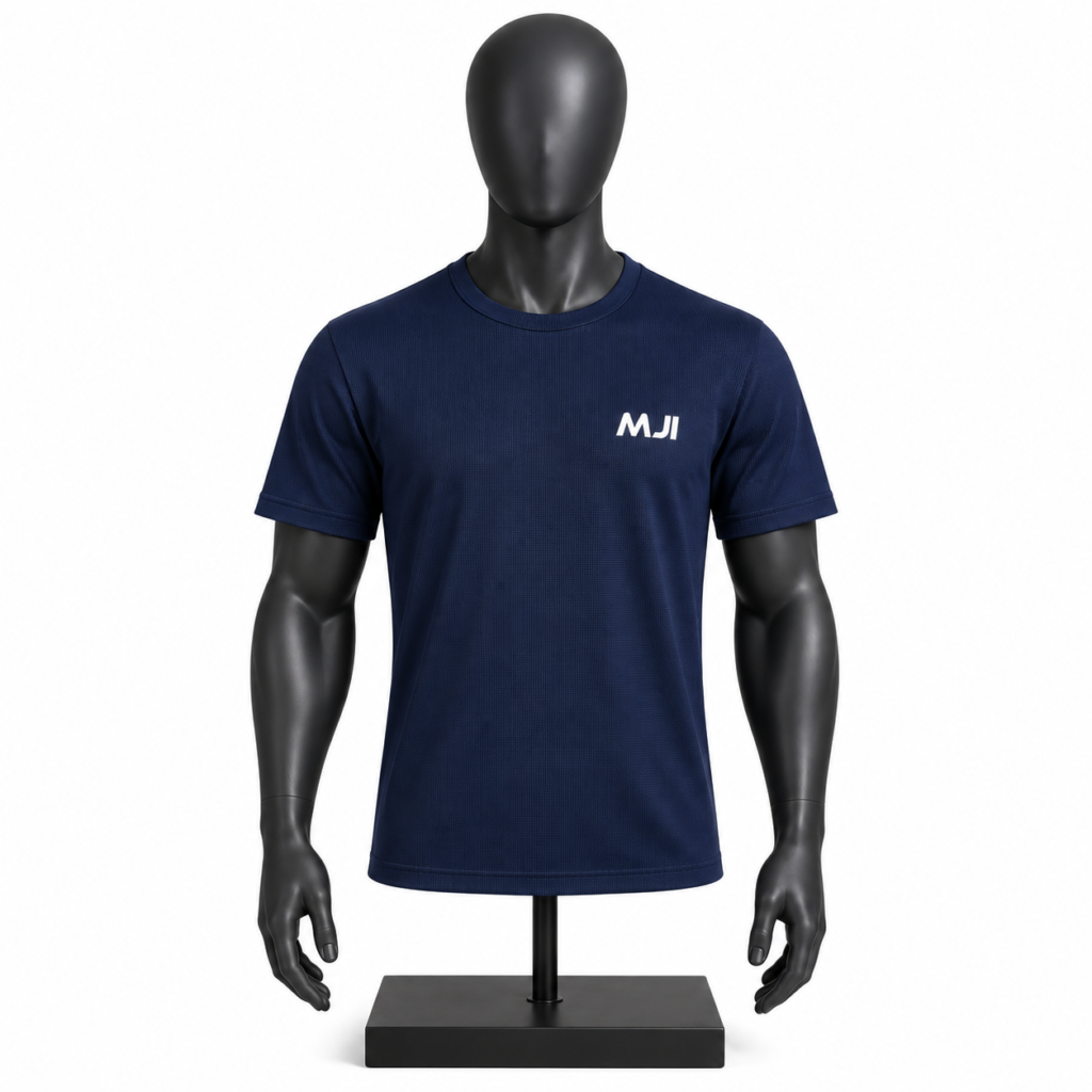 Men's Navy Blue Sports T-Shirt with textured fabric and MJI branding