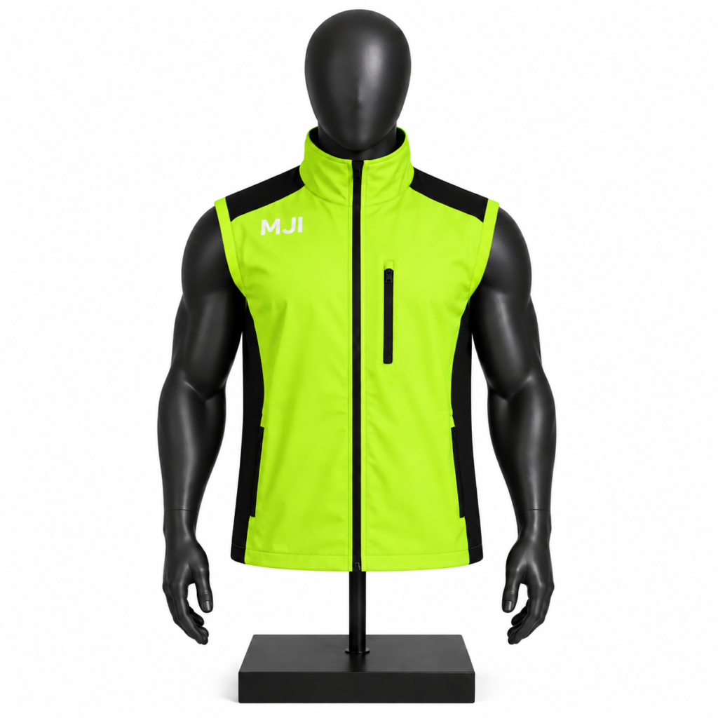 Men's Performance Vest in neon yellow and black with custom MJI branding