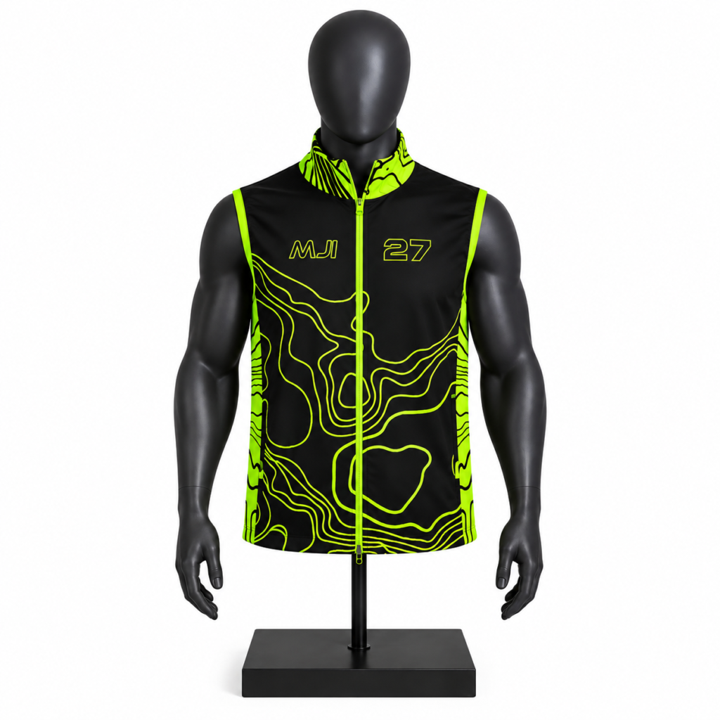 Men's Graphic Performance Vest in black and neon with custom MJI branding