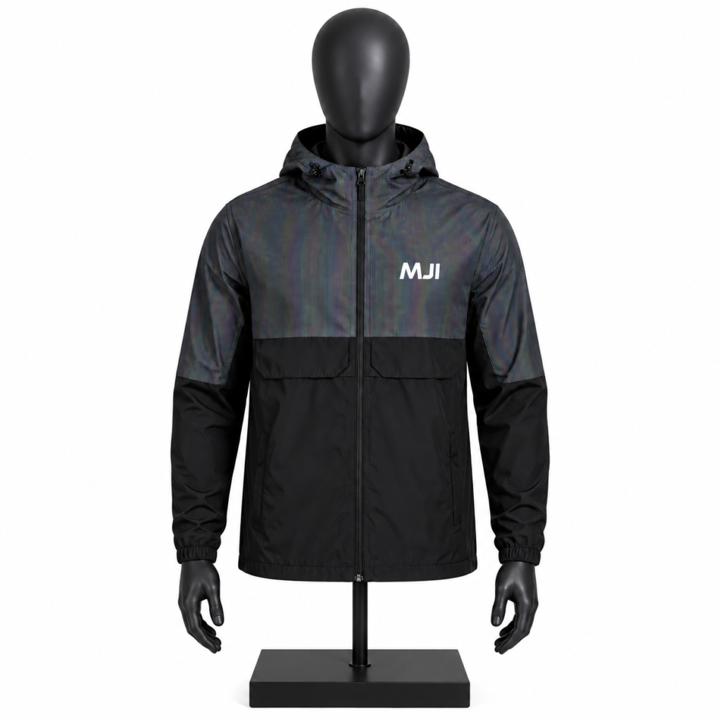 Men's Windbreaker Jacket with hood black color block design and custom MJI branding