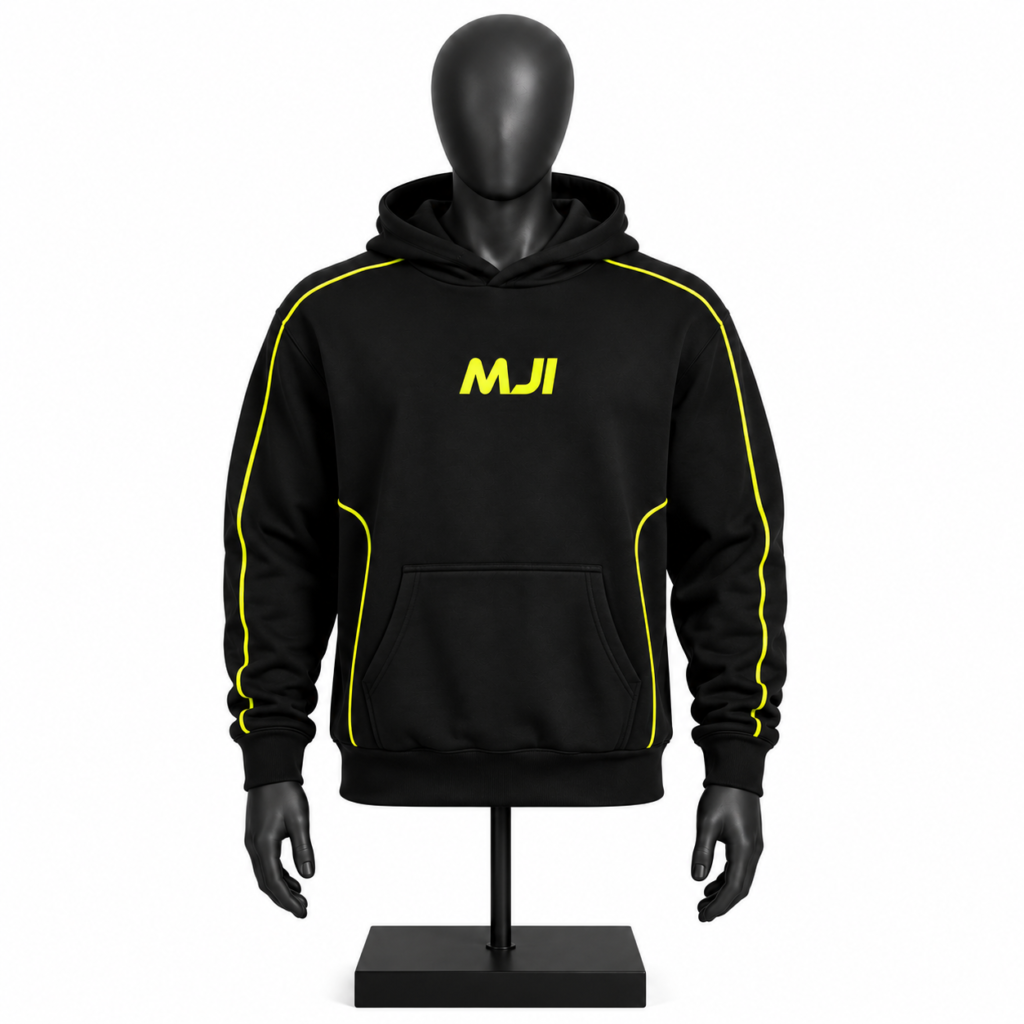 Men's Black Hoodie with neon piping and custom MJI branding