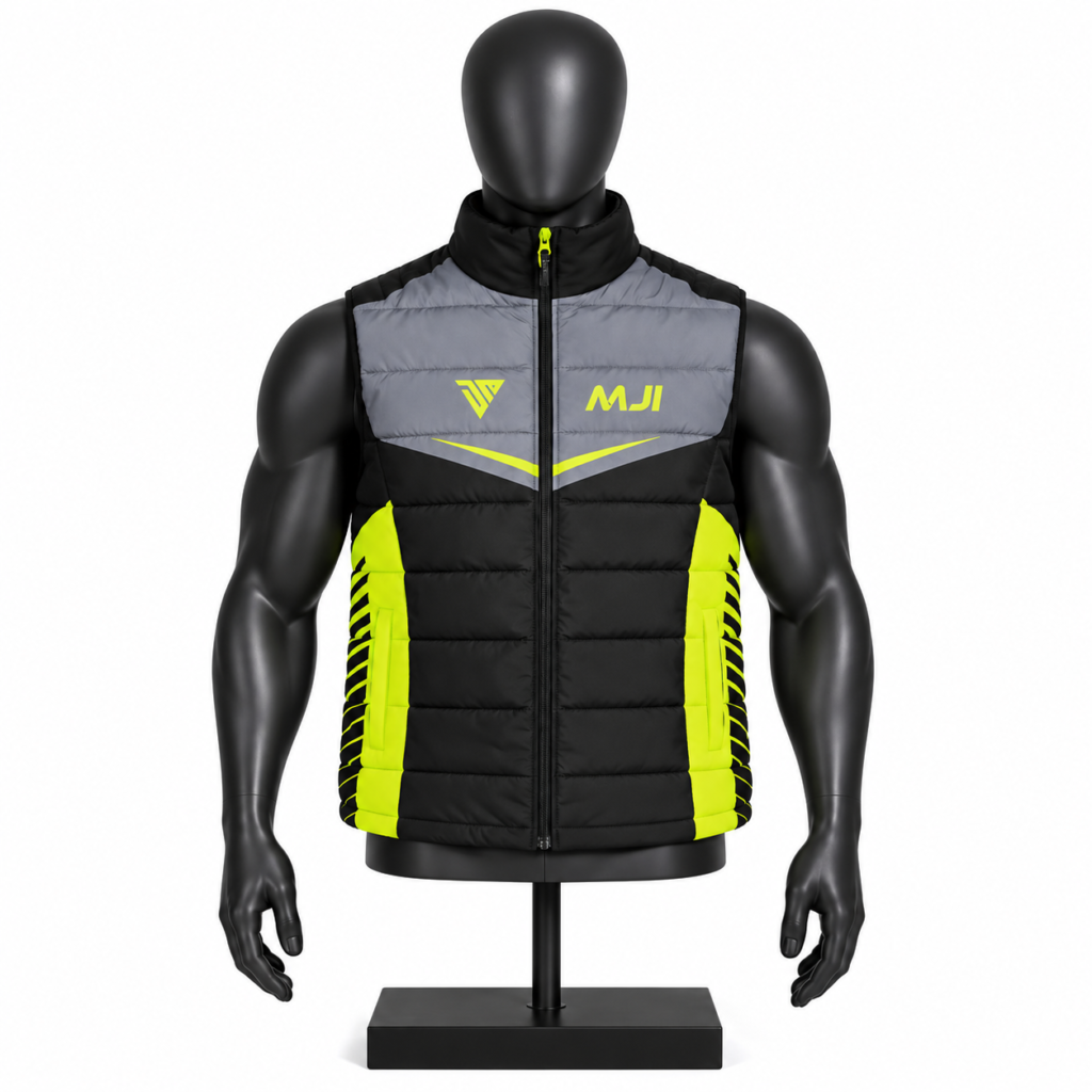 Men's Padded Vest with custom quilted black grey and neon yellow design