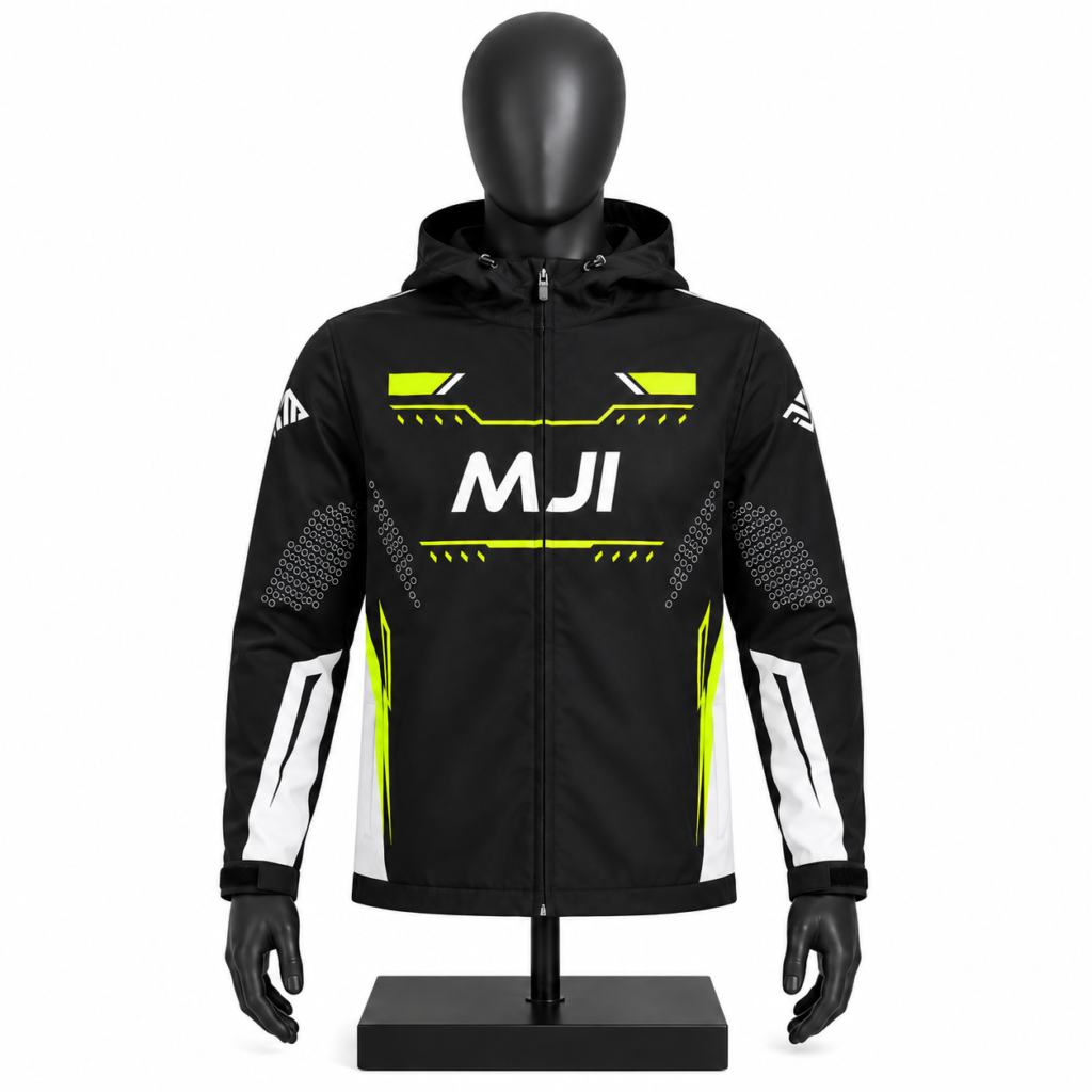 Men's Graphic Hooded Jacket in black with custom neon and white MJI graphics