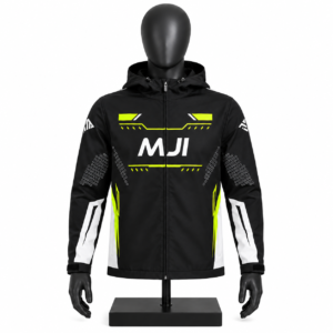 Men's Graphic Hooded Jacket in black with custom neon and white MJI graphics