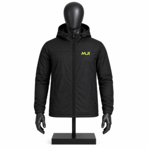 Men's Black Hooded Jacket with full zip closure and custom MJI branding