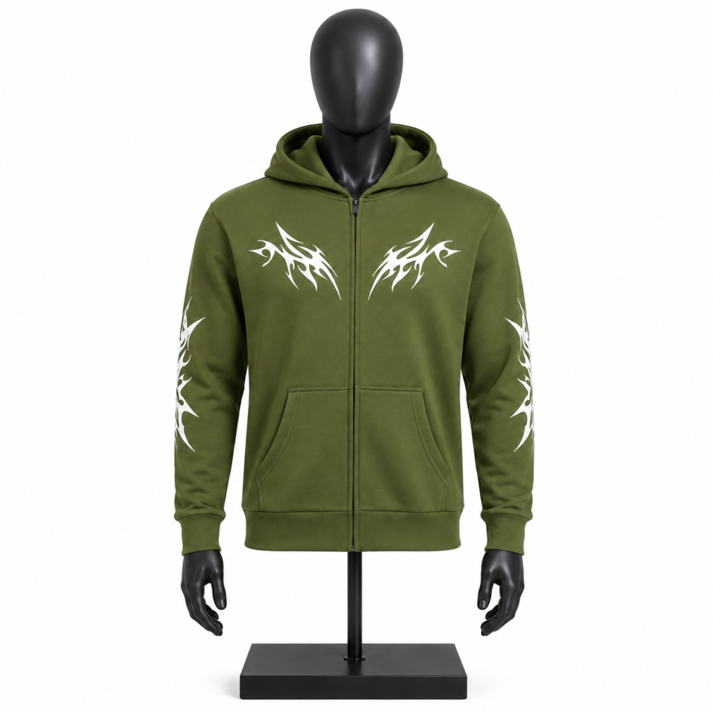 Men's Graphic Zip Hoodie in olive green with custom white graphic artwork