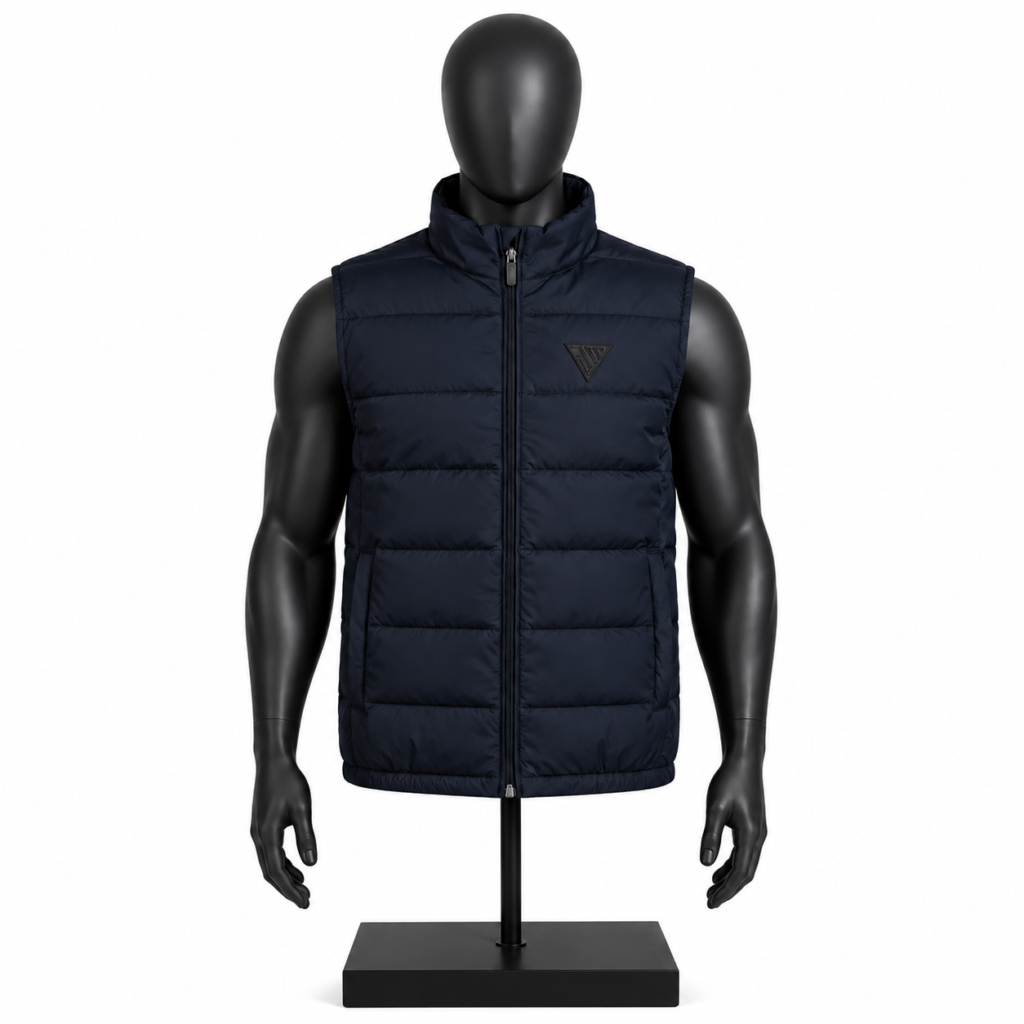 Men's Quilted Puffer Vest in navy blue with padded construction and custom branding