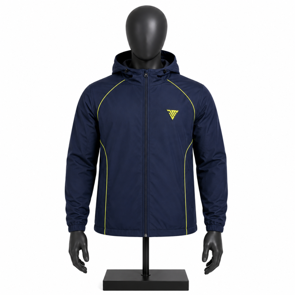 Men's Hooded Sports Jacket in navy blue with yellow piping and custom branding