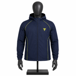 Men's Hooded Sports Jacket in navy blue with yellow piping and custom branding
