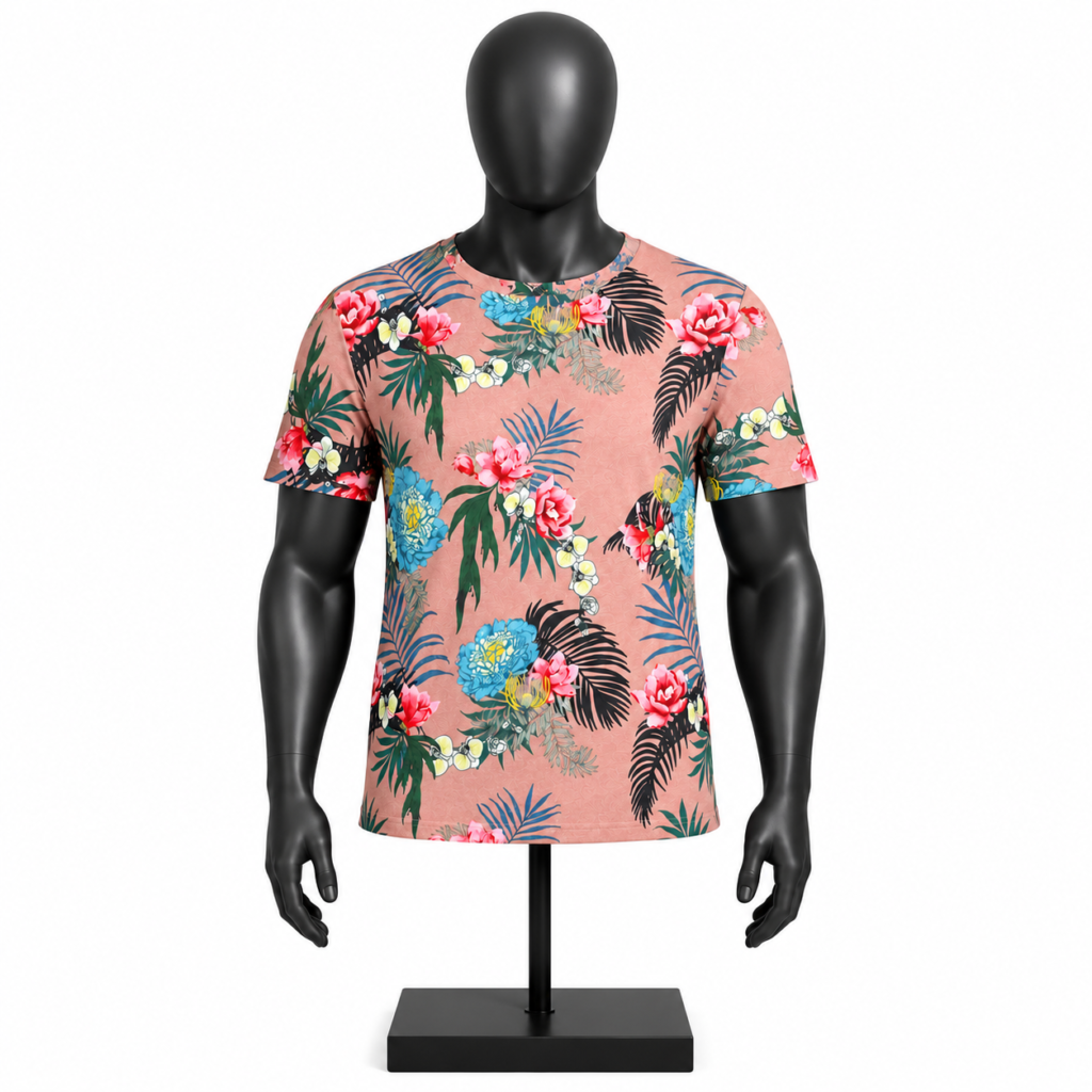 Men's Floral Print T-Shirt with colorful tropical floral pattern and short sleeves