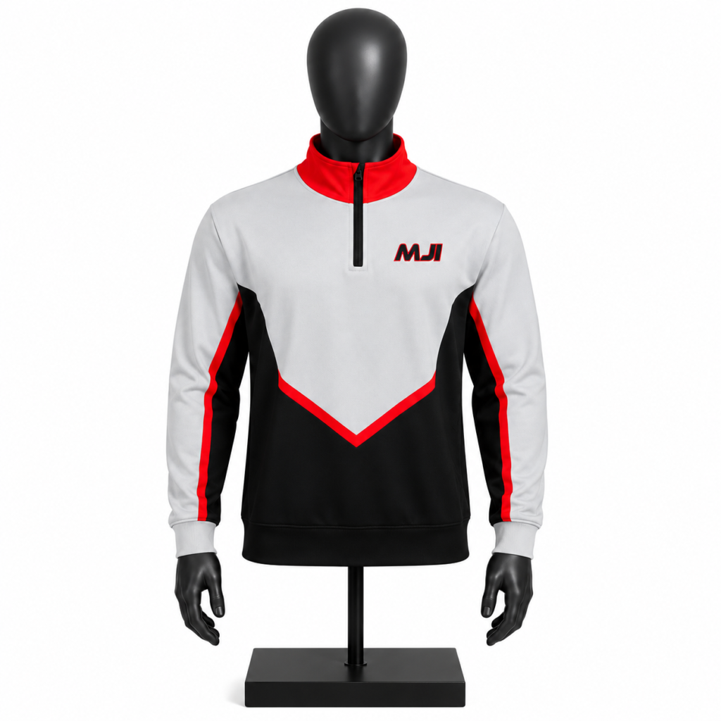 Men's 1/4 Zip Performance Top in white black and red custom sportswear design