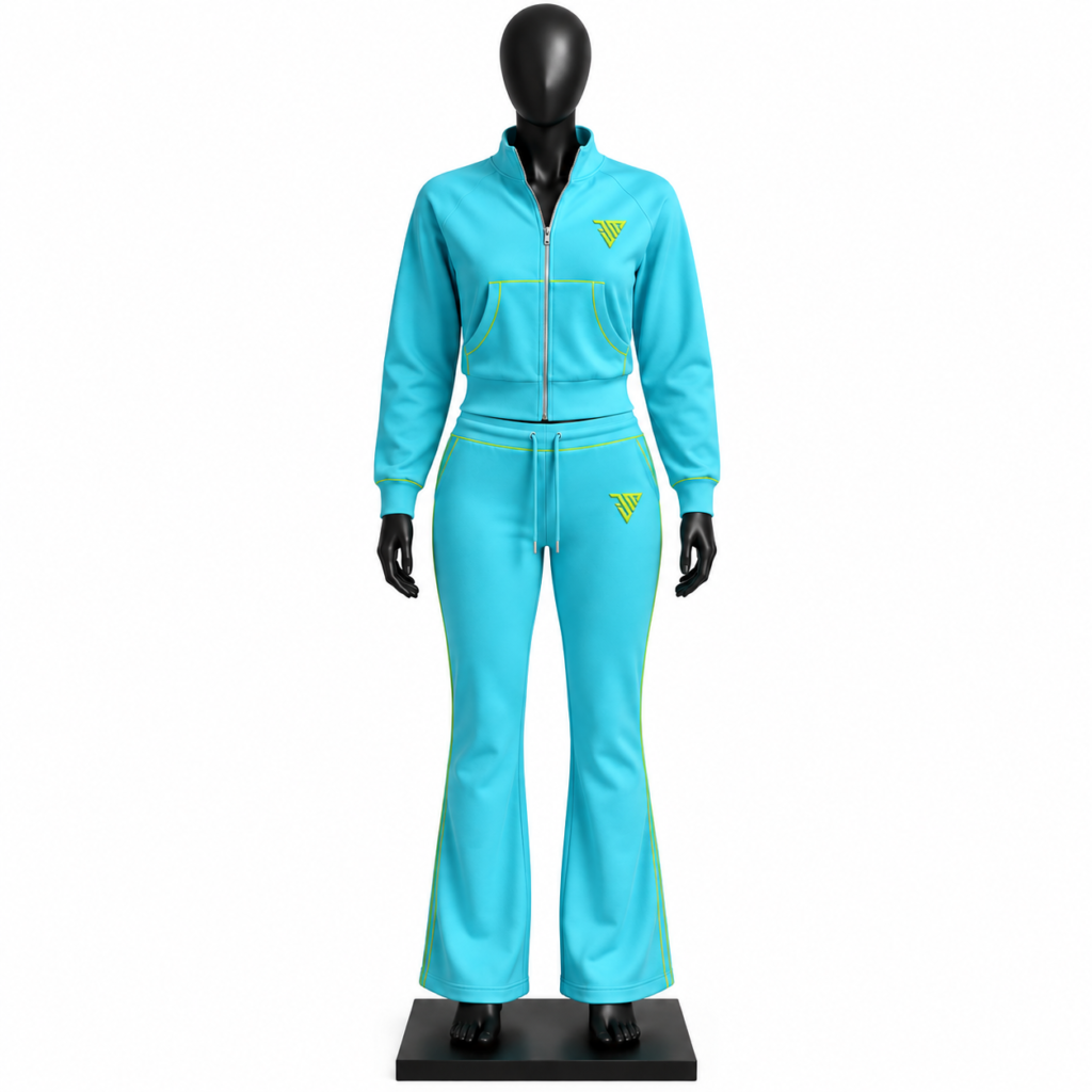 Women's Blue Tracksuit Set with zip jacket flared pants neon piping and custom MJI branding