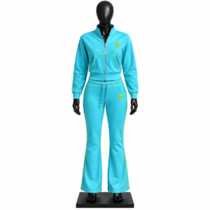 Women's Blue Tracksuit Set with zip jacket flared pants neon piping and custom MJI branding