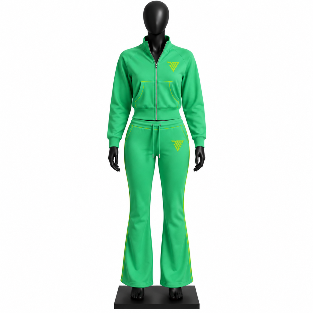 Women's Green Tracksuit Set with zip jacket flared pants neon piping and custom MJI branding