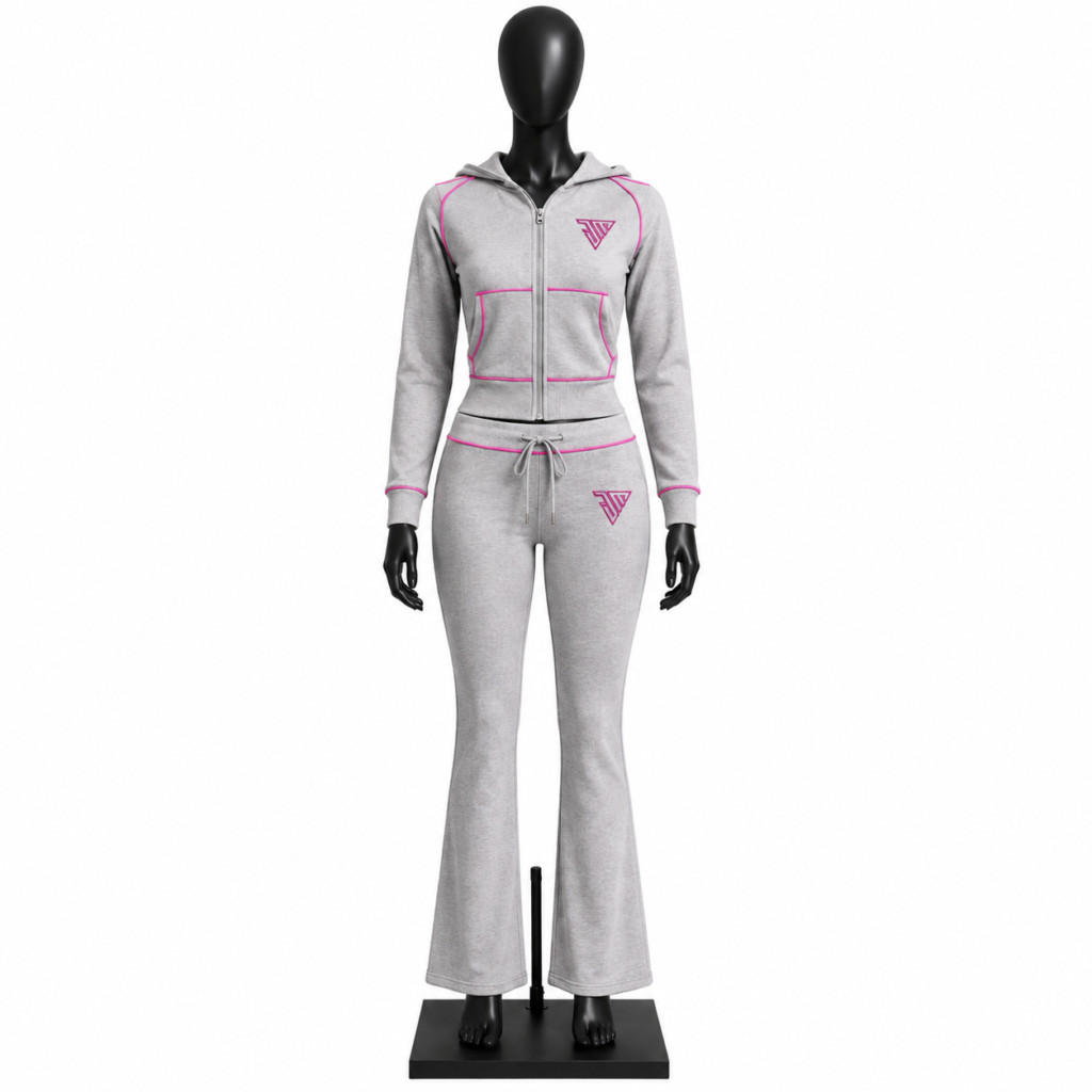 Women's Tracksuit Set with grey zip hoodie flared pants pink piping and custom branding