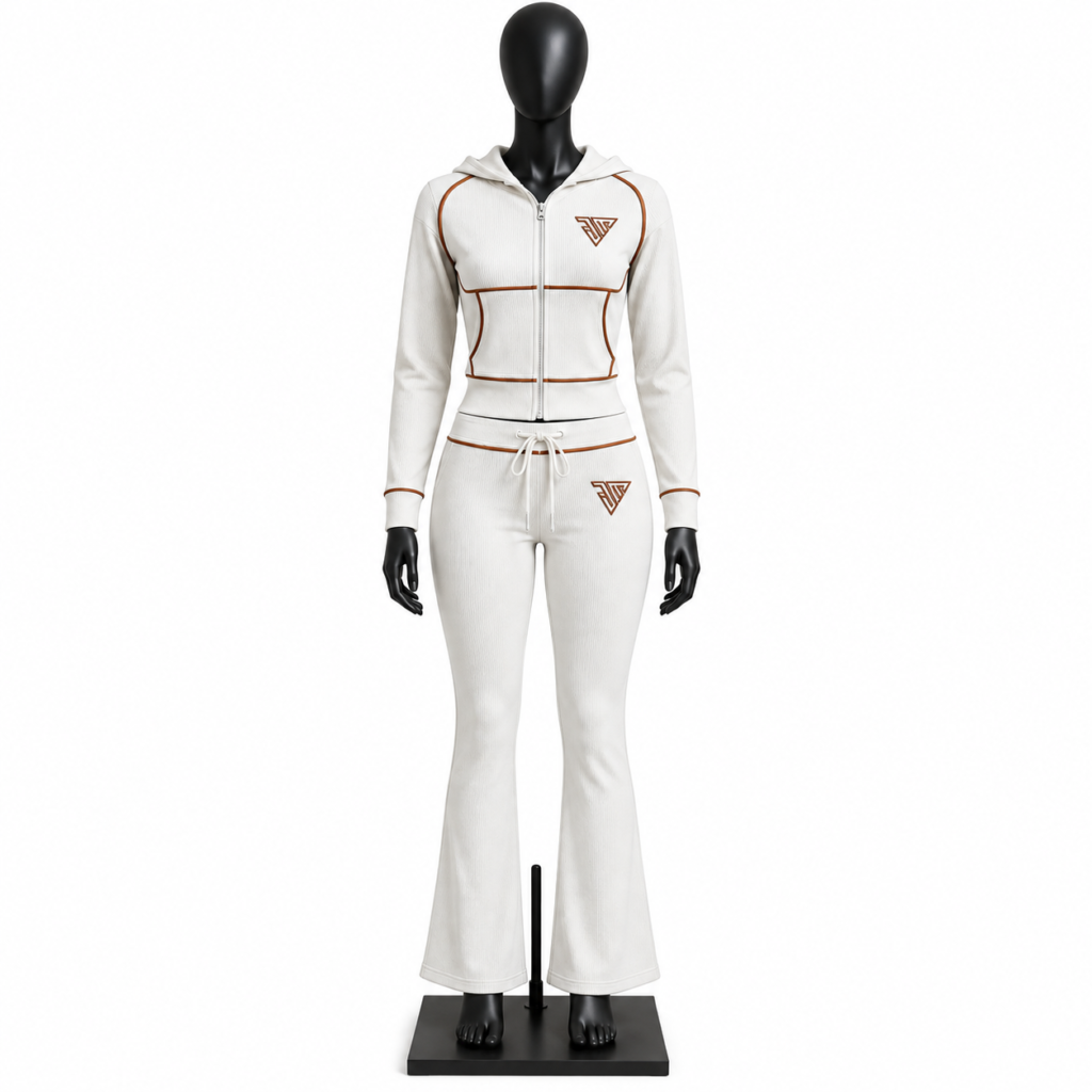 Women's Tracksuit Set with white zip hoodie flared pants and custom MJI branding