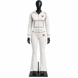 Women's Tracksuit Set with white zip hoodie flared pants and custom MJI branding