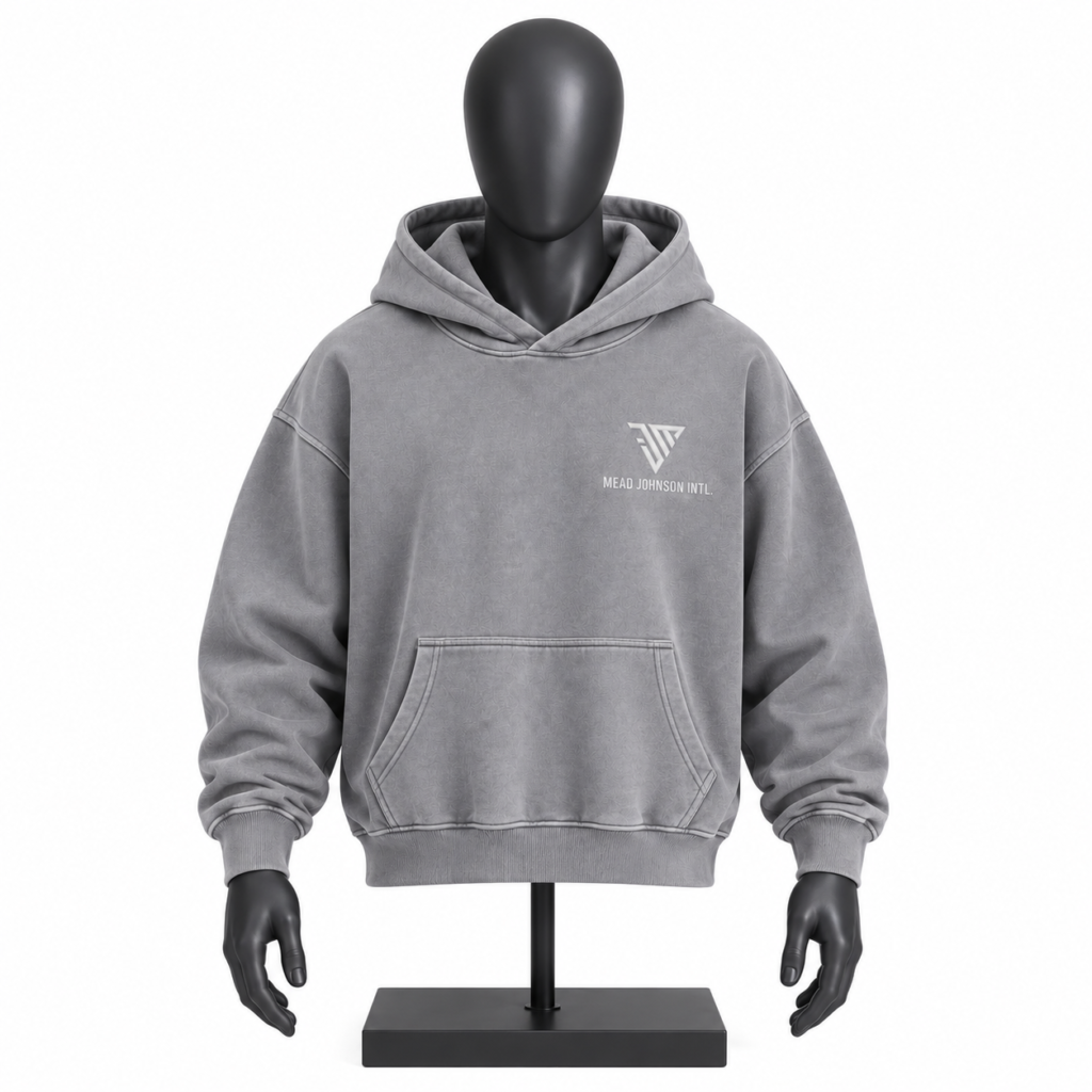 Men's Grey Patterned Hoodie with custom MJI branding and kangaroo pocket