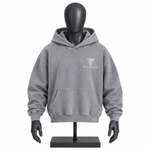 Men's Grey Patterned Hoodie with custom MJI branding and kangaroo pocket