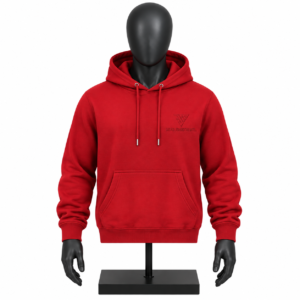Men's Red Hoodie with custom MJI branding and kangaroo pocket