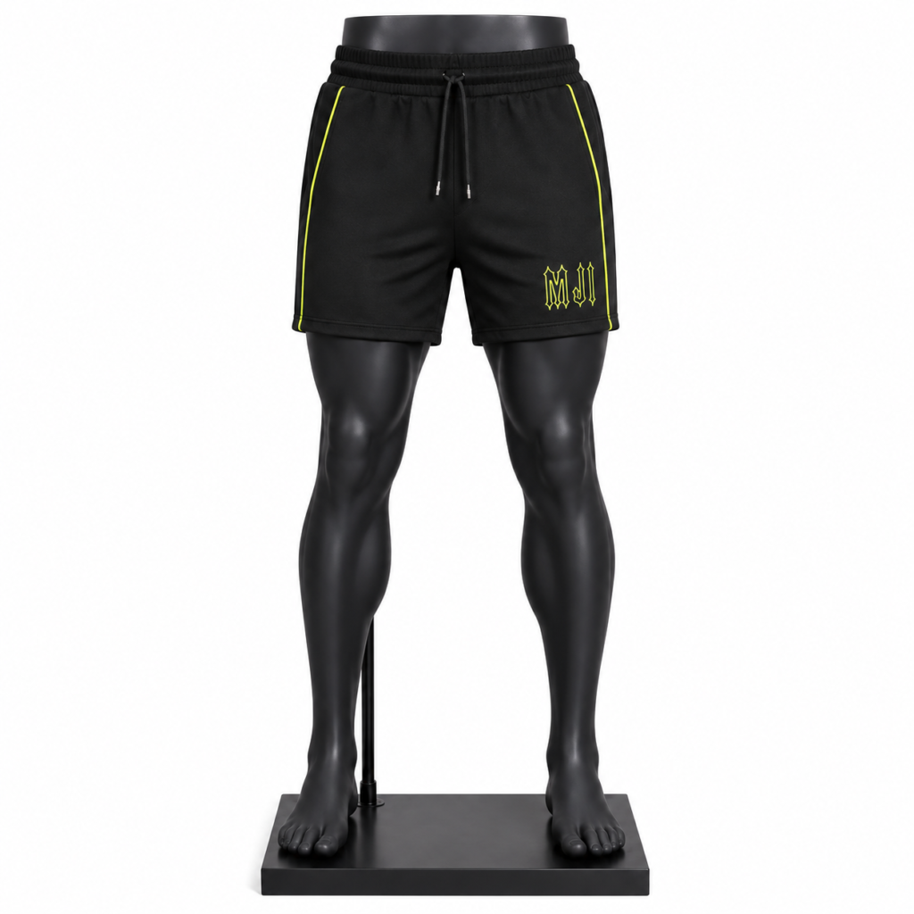 Men's Gym Shorts in black with neon piping elastic waistband and side pockets