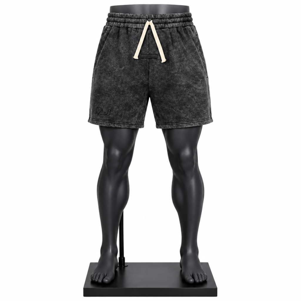 Men's Acid Wash Shorts in dark charcoal with drawstring waist and side pockets