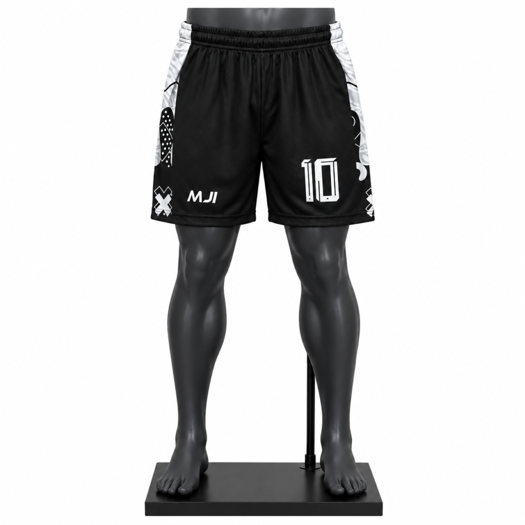 Men's Athletic Shorts in black with custom basketball graphics and MJI branding