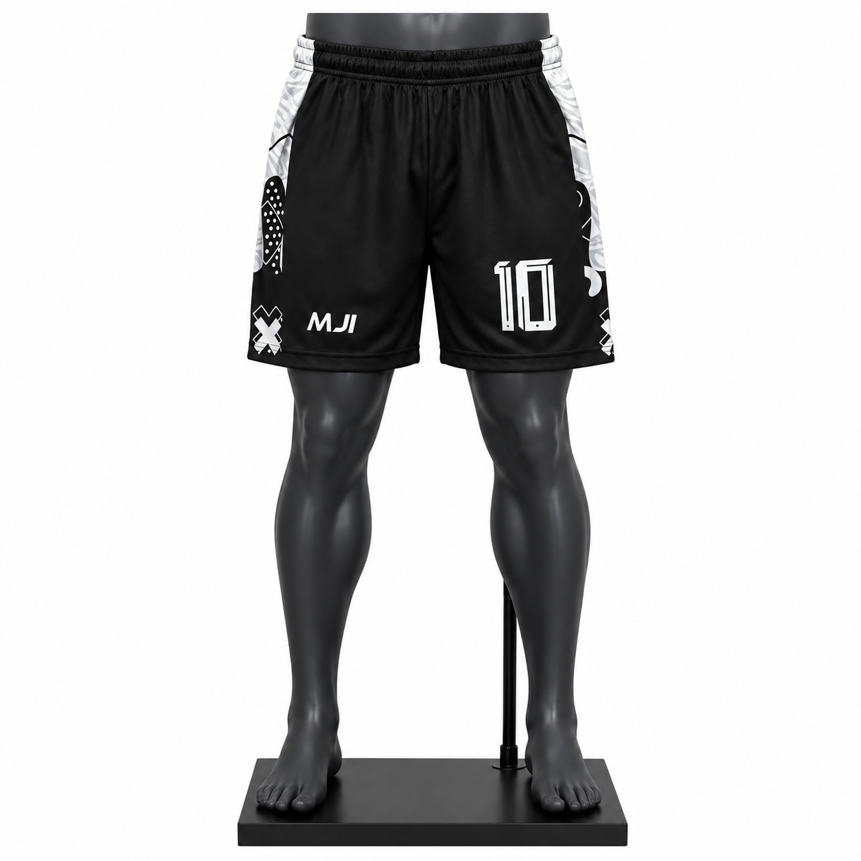 Men's Athletic Shorts in black with custom basketball graphics and MJI branding