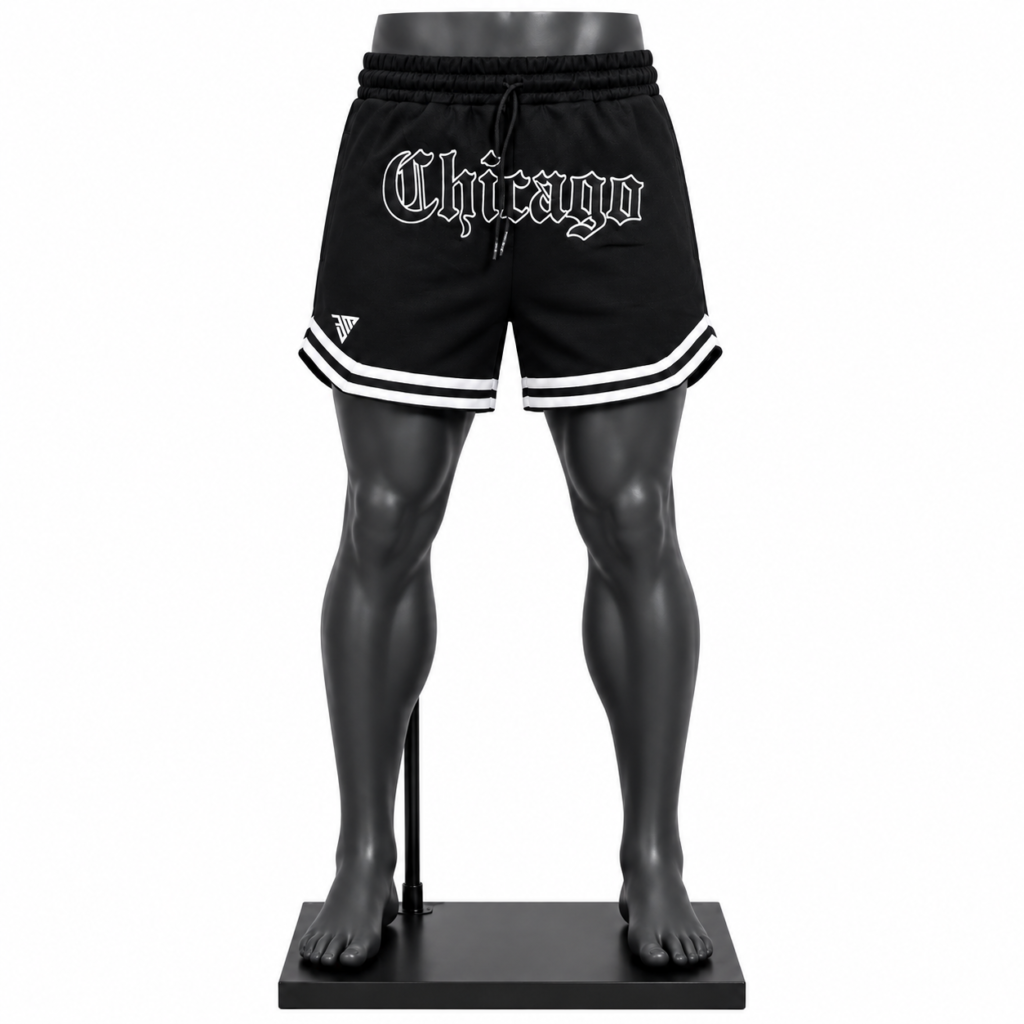 Men's Basketball Shorts in black with white stripe trim and custom graphic branding