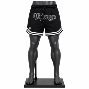 Men's Basketball Shorts in black with white stripe trim and custom graphic branding