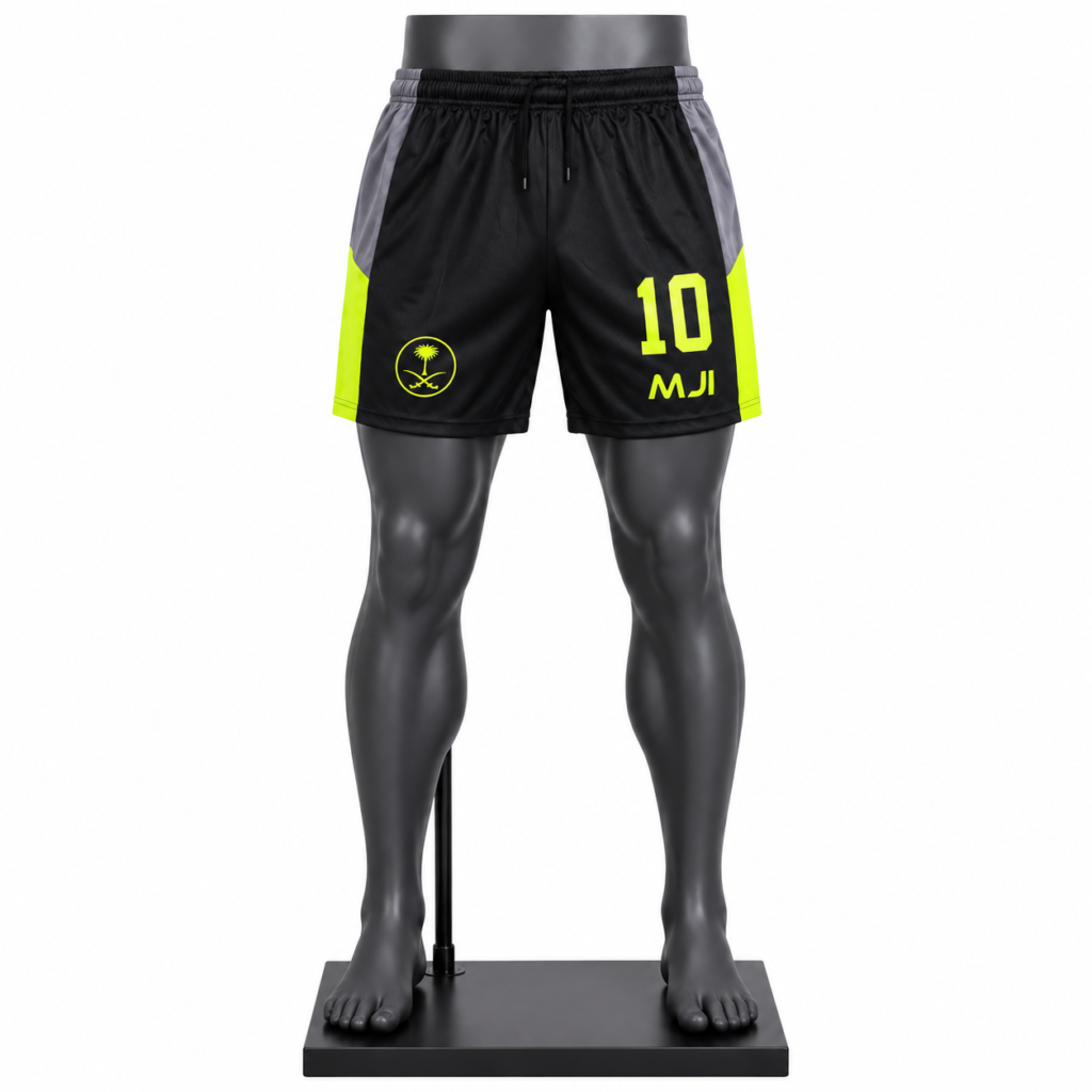 Men's Sports Shorts in black with grey panels fluorescent yellow detailing and custom MJI branding