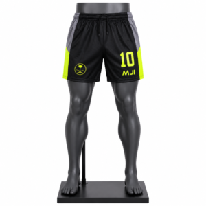 Men's Sports Shorts in black with grey panels fluorescent yellow detailing and custom MJI branding
