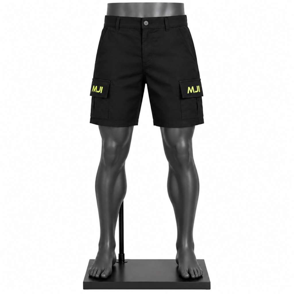 Men's Cargo Shorts in black with multiple utility pockets and custom MJI branding