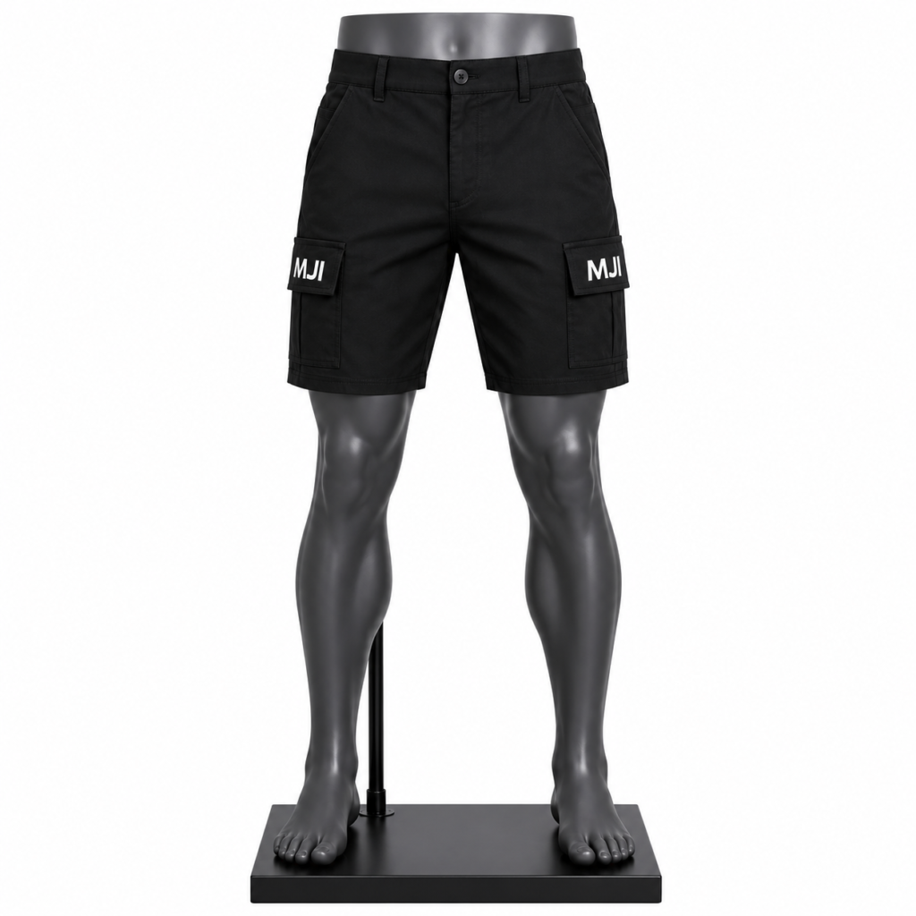 Men's Cargo Shorts in black cotton blend with multiple utility pockets and custom MJI branding
