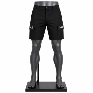 Men's Cargo Shorts in black cotton blend with multiple utility pockets and custom MJI branding