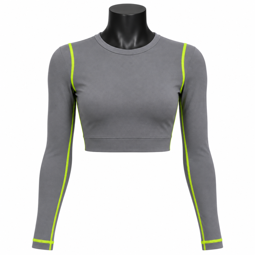 Women's Cropped Active Top with long sleeves grey polyester spandex and fluorescent piping