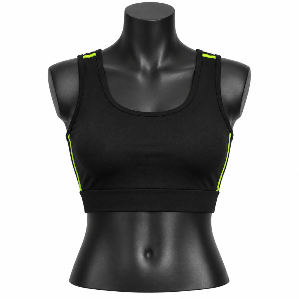Women's Sports Bra in black with racerback design and fluorescent neon contrast details