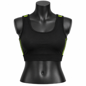 Women's Sports Bra in black with racerback design and fluorescent neon contrast details