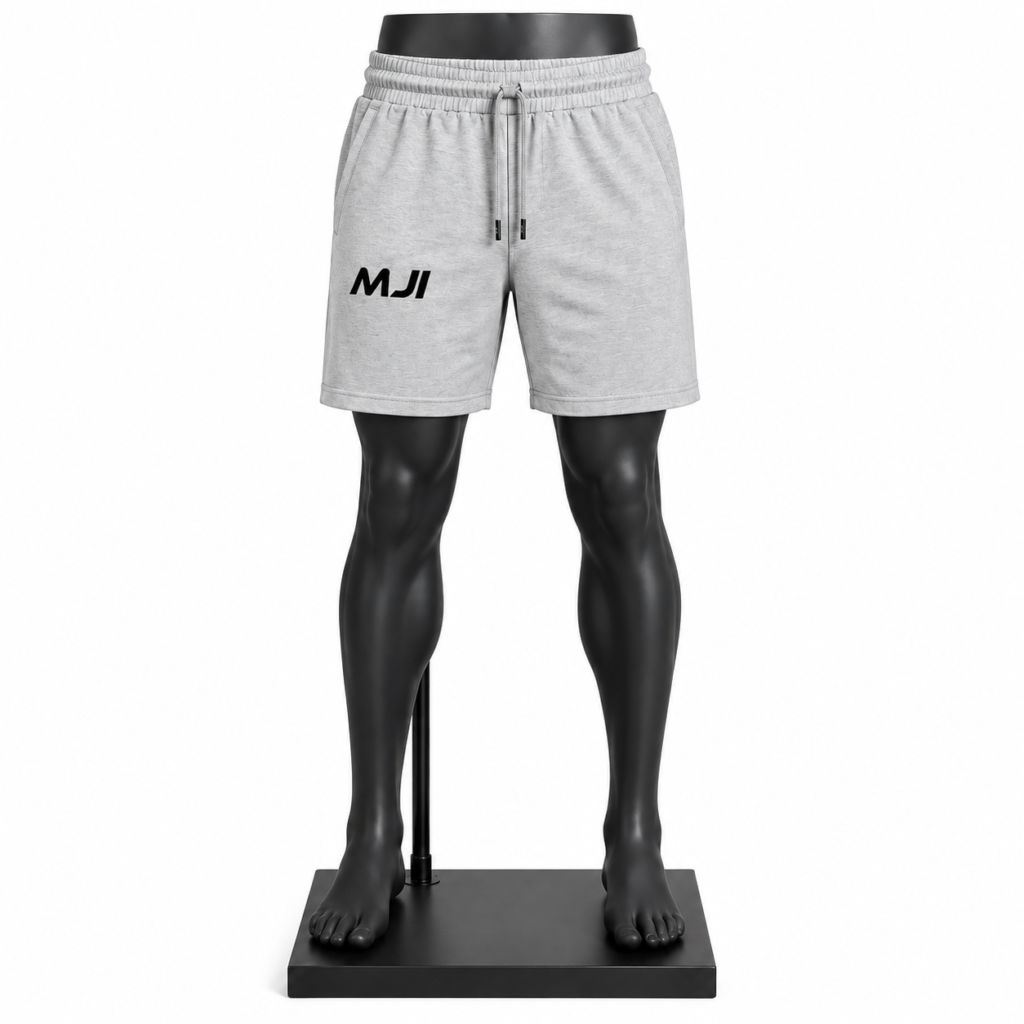 Men's Sweat Shorts in grey with elastic waistband drawstring side pockets and custom MJI branding