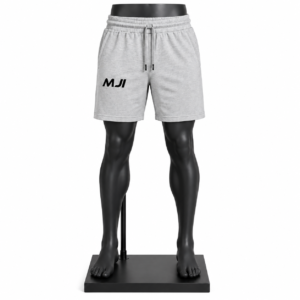 Men's Sweat Shorts in grey with elastic waistband drawstring side pockets and custom MJI branding